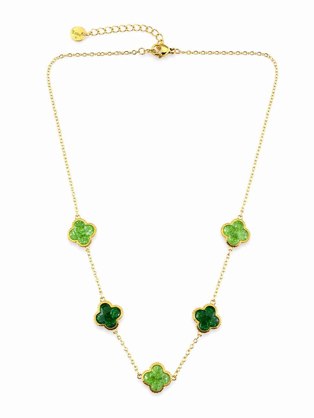 Gold necklace with green clover-shaped pendants on a white background