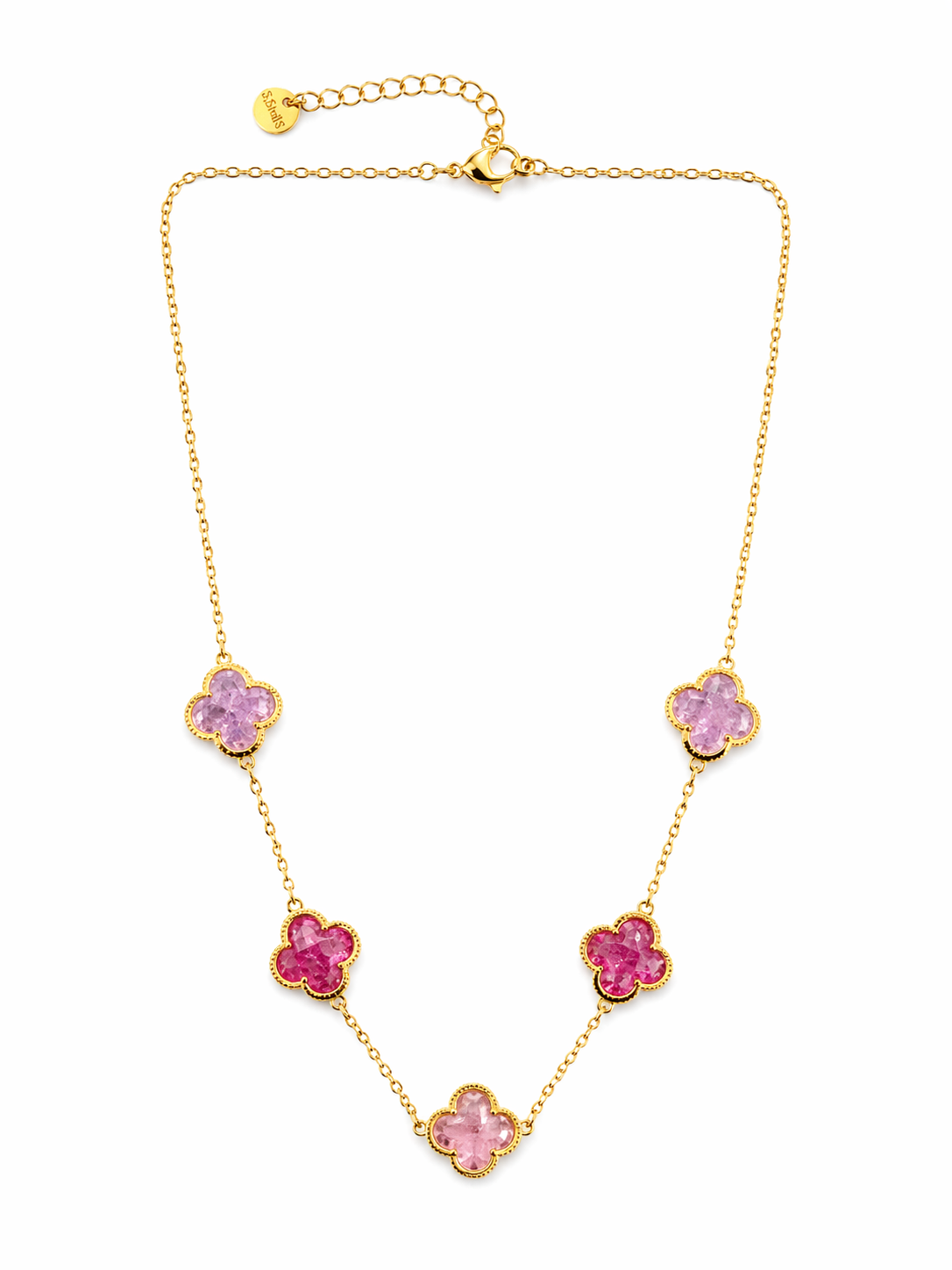 Gold necklace with pink flower-shaped stones on a white background