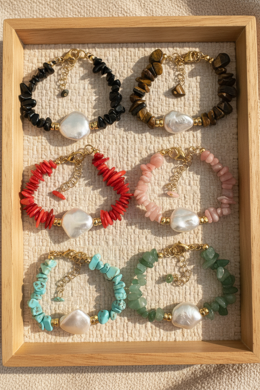 Set of six colorful beaded bracelets in a wooden box