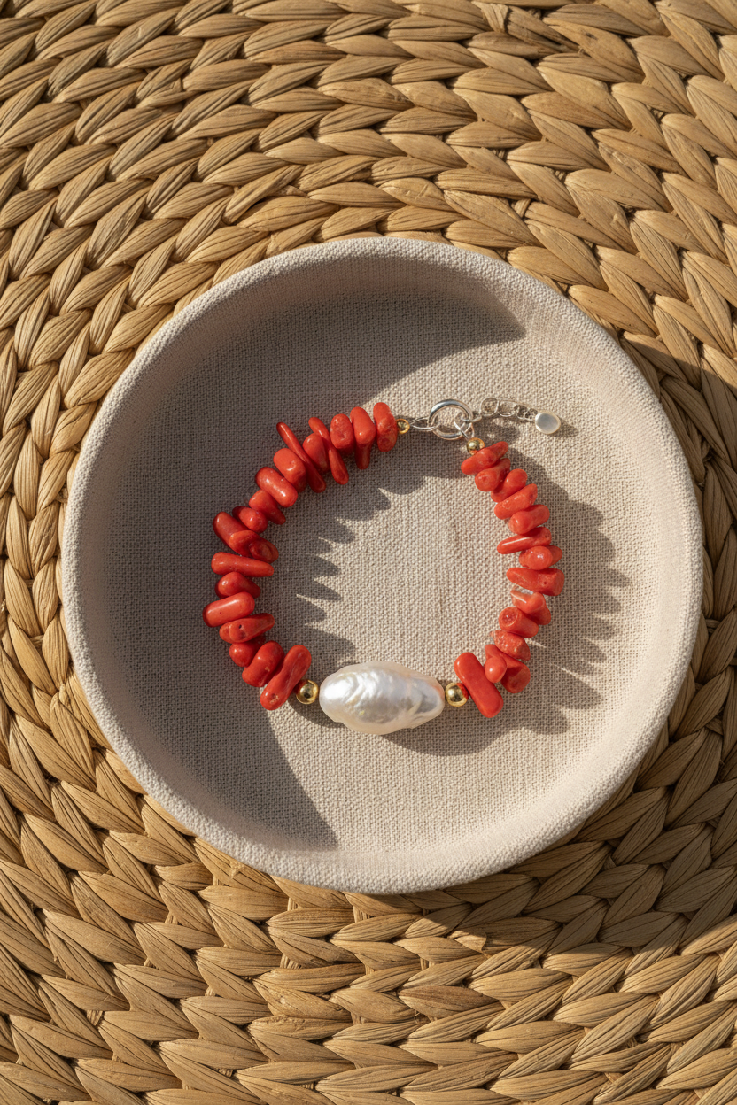 Red coral bracelet with a pearl on a beige dish, placed on a woven mat.