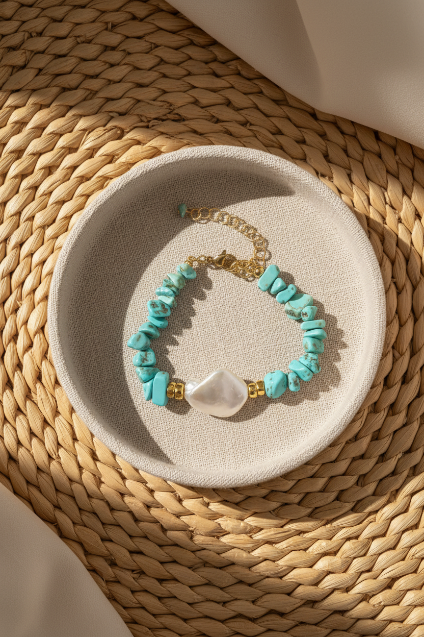 Turquoise beaded bracelet with a gold clasp on a beige dish, placed on a woven mat.