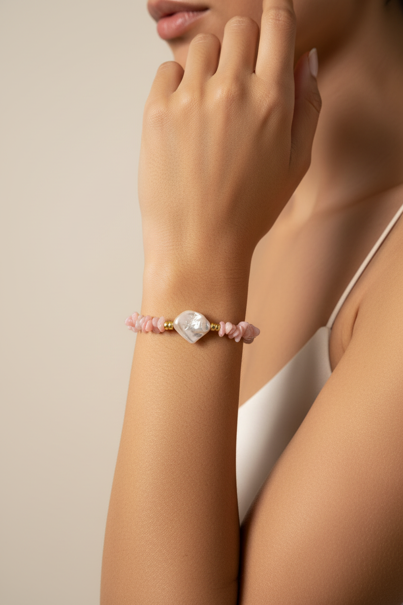 Close-up of a hand wearing a pink beaded bracelet with a large central bead on a neutral background