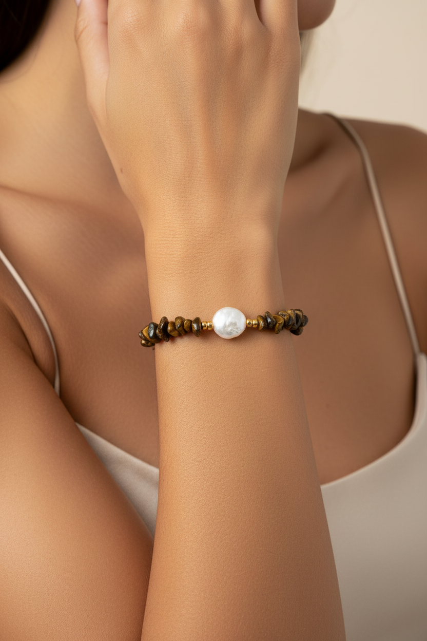 Close-up of a wrist wearing a bracelet with a pearl bead on a neutral background