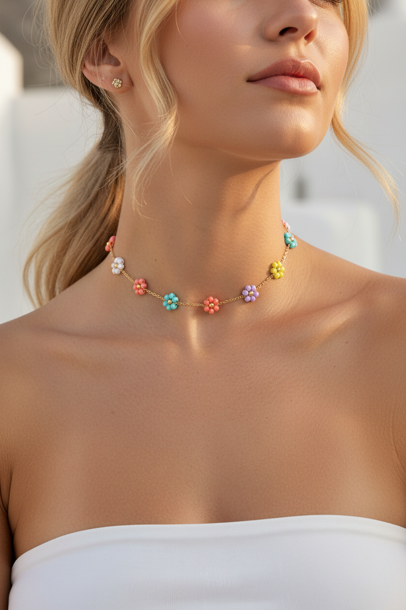 Καλοκαιρινό ατσάλινο choker με πολύχρωμα λουλουδάκια από χάντρες, φορεμένο σε μοντέλο, so cute by dimi