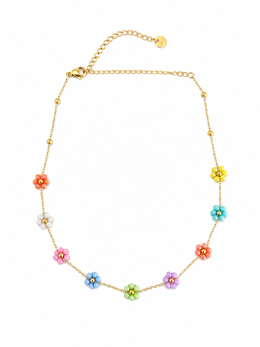 Καλοκαιρινό ατσάλινο choker με πολύχρωμα λουλουδάκια από χάντρες, σε λευκό φόντο, so cute by dimi