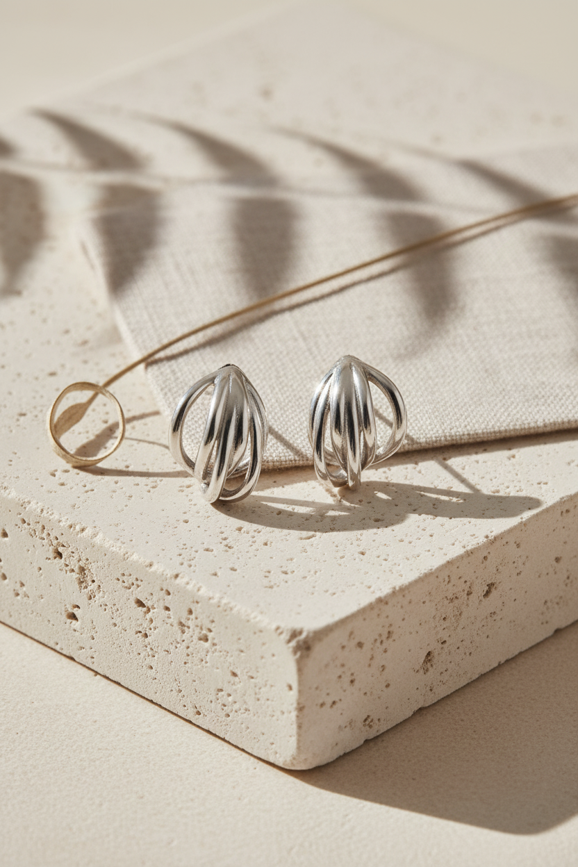 Contour Sculptural Earrings σε ασημί χρώμα με γλυπτικό μεταλλικό σχέδιο σε minimal flatlay