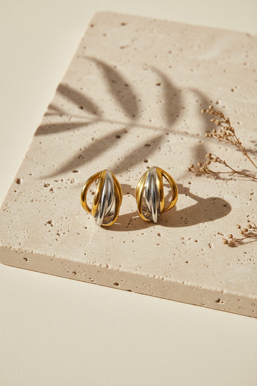 Contour Sculptural Earrings σε δίχρωμο χρυσό και ασημί φινίρισμα σε minimal flatlay