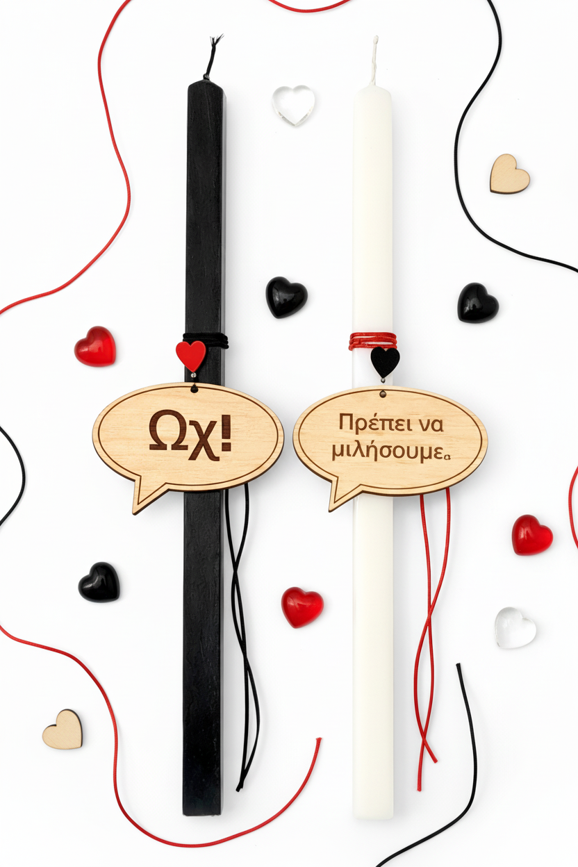 Λαμπάδες ζευγαριού με ξύλινα speech bubble στοιχεία «Πρέπει να μιλήσουμε» και «Ωχ!» σε μαύρο και λευκό κερί. So Cute by Dimi