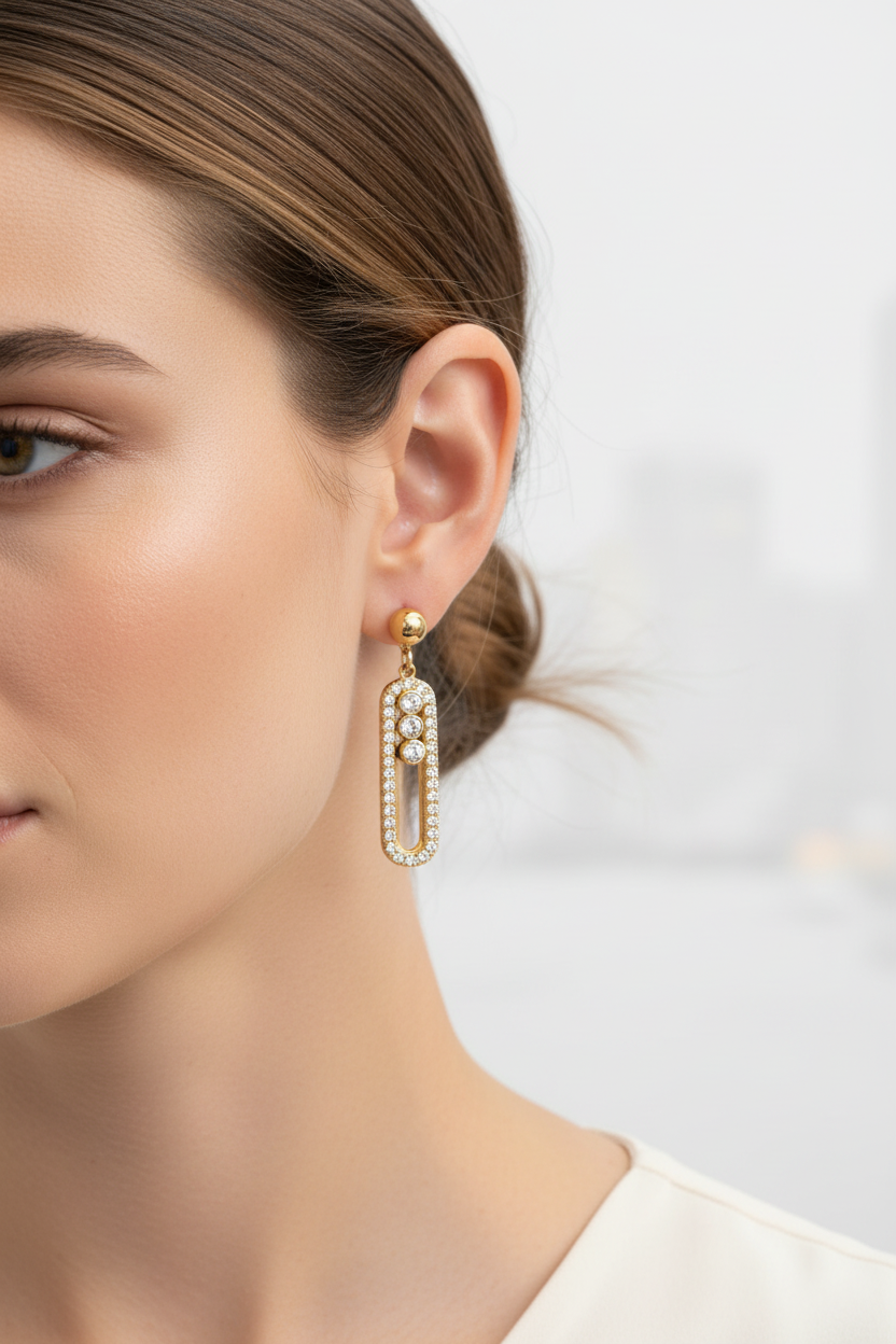 Close-up of a woman wearing gold earrings with a blurred background