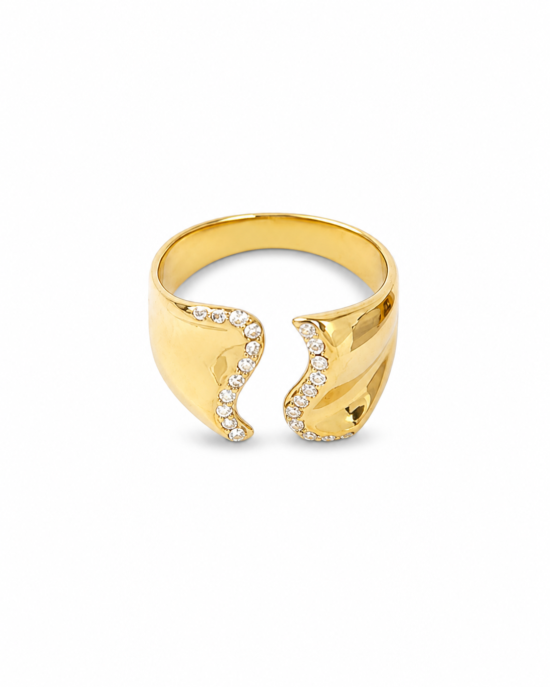 Curve Glow Ring σε χρυσό χρώμα, ατσάλινο ανοιχτό δαχτυλίδι με ζιργκόν σε λευκό φόντο