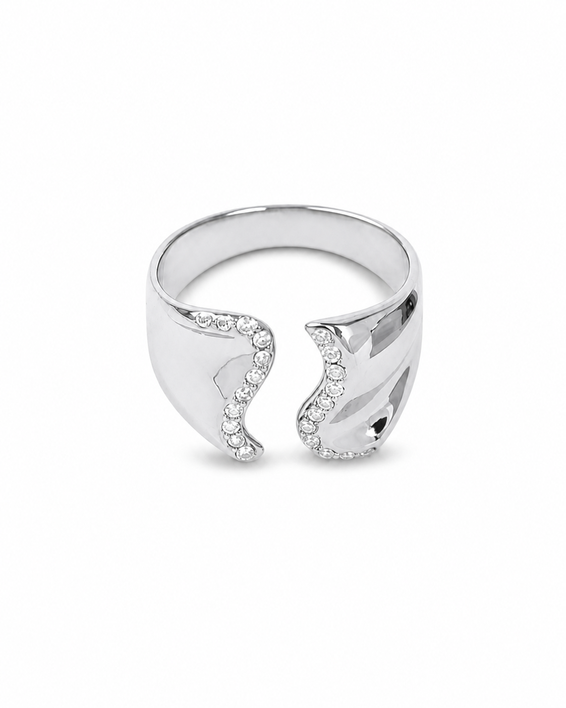 Curve Glow Ring σε ασημί χρώμα, ατσάλινο ανοιχτό δαχτυλίδι με ζιργκόν σε λευκό φόντο