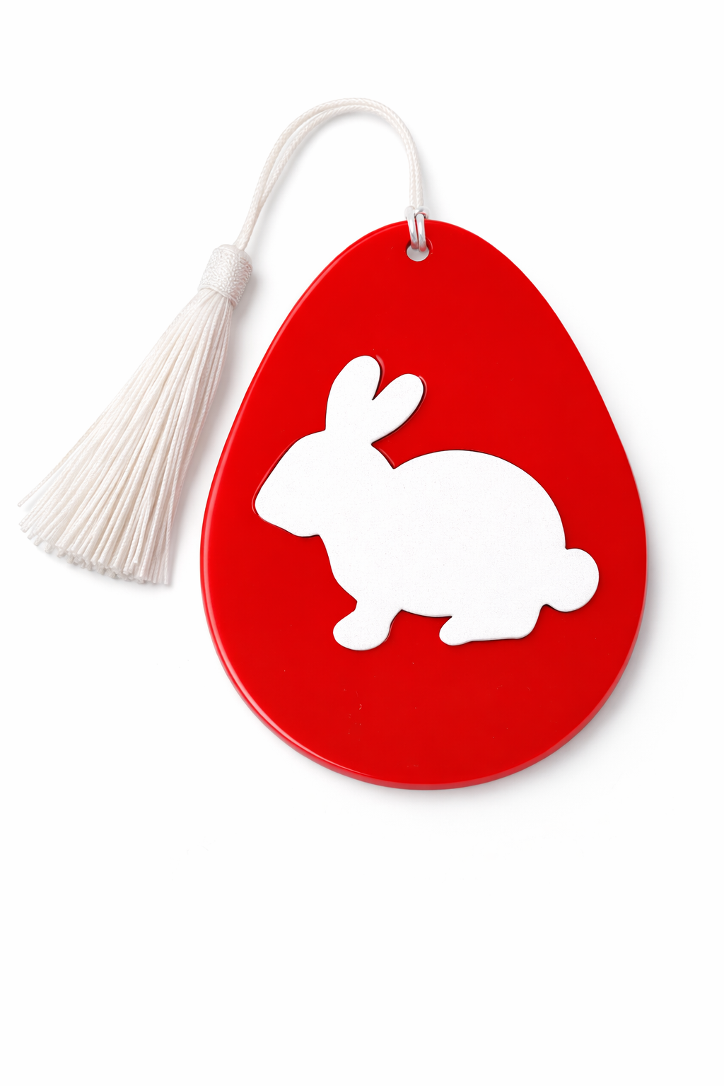 Corporate Easter acrylic tag in egg shape with bunny silhouette, customizable plexiglass branding element for gift baskets