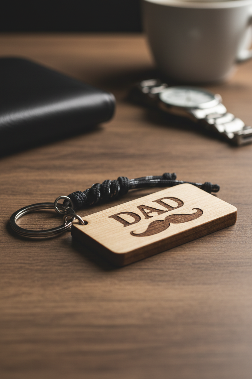 ξύλινο μπρελόκ dad με χάραξη μουστάκι premium δώρο για μπαμπά so cute by dimi