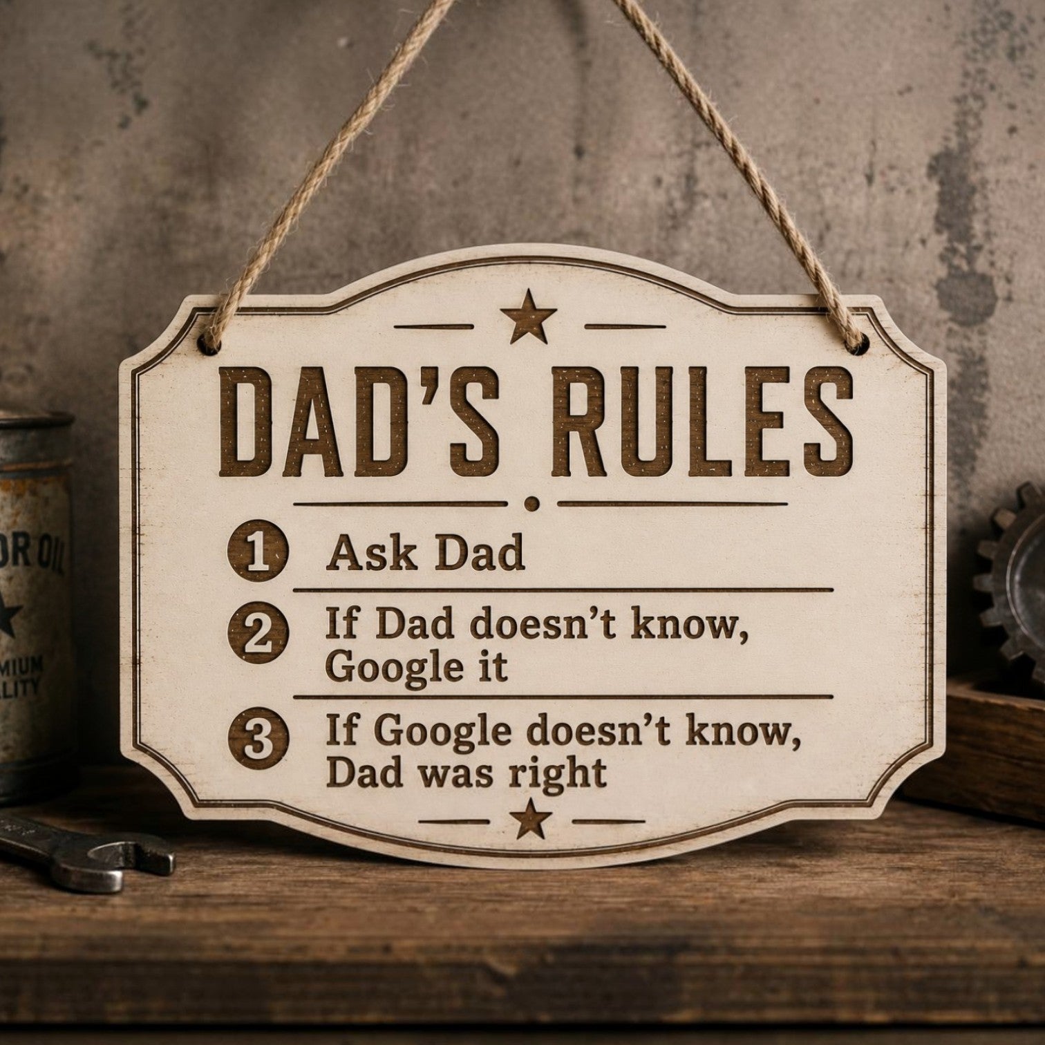Ξύλινη διακοσμητική πινακίδα Dad's Rules "Google It" από λευκό MDF με χάραξη laser, χιουμοριστικό δώρο για μπαμπά από τη So Cute By Dimi.