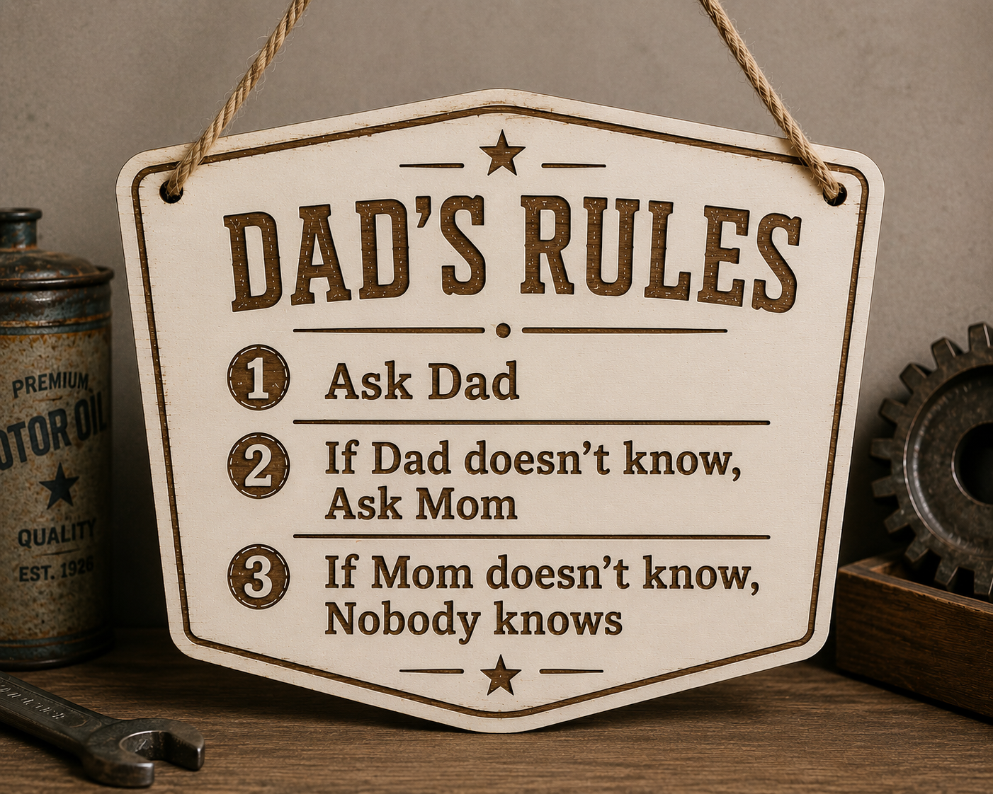 Ξύλινη διακοσμητική πινακίδα Dad's Rules "Nobody Knows" από λευκό MDF με χάραξη laser, χιουμοριστικό δώρο για μπαμπά από τη So Cute By Dimi.