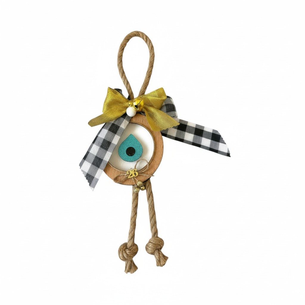 Country Xmas handmade hanging gouri with wood, plexiglass, burlap cord, plaid ribbon and bells – So Cute by Dimi