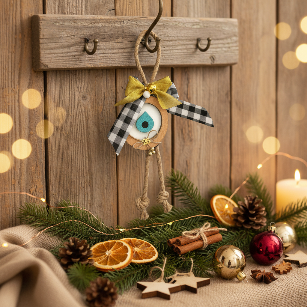 Country Xmas handmade hanging gouri with wood, plexiglass, burlap cord, plaid ribbon and bells – So Cute by Dimi