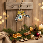 Country Xmas handmade hanging gouri with wood, plexiglass, burlap cord, plaid ribbon and bells – So Cute by Dimi