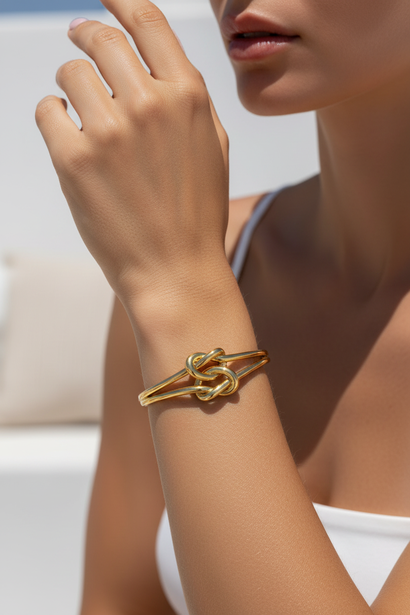χρυσό βραχιόλι bangle με διπλό κόμπο φορεμένο σε γυναικείο καρπό σε καλοκαιρινό styling
