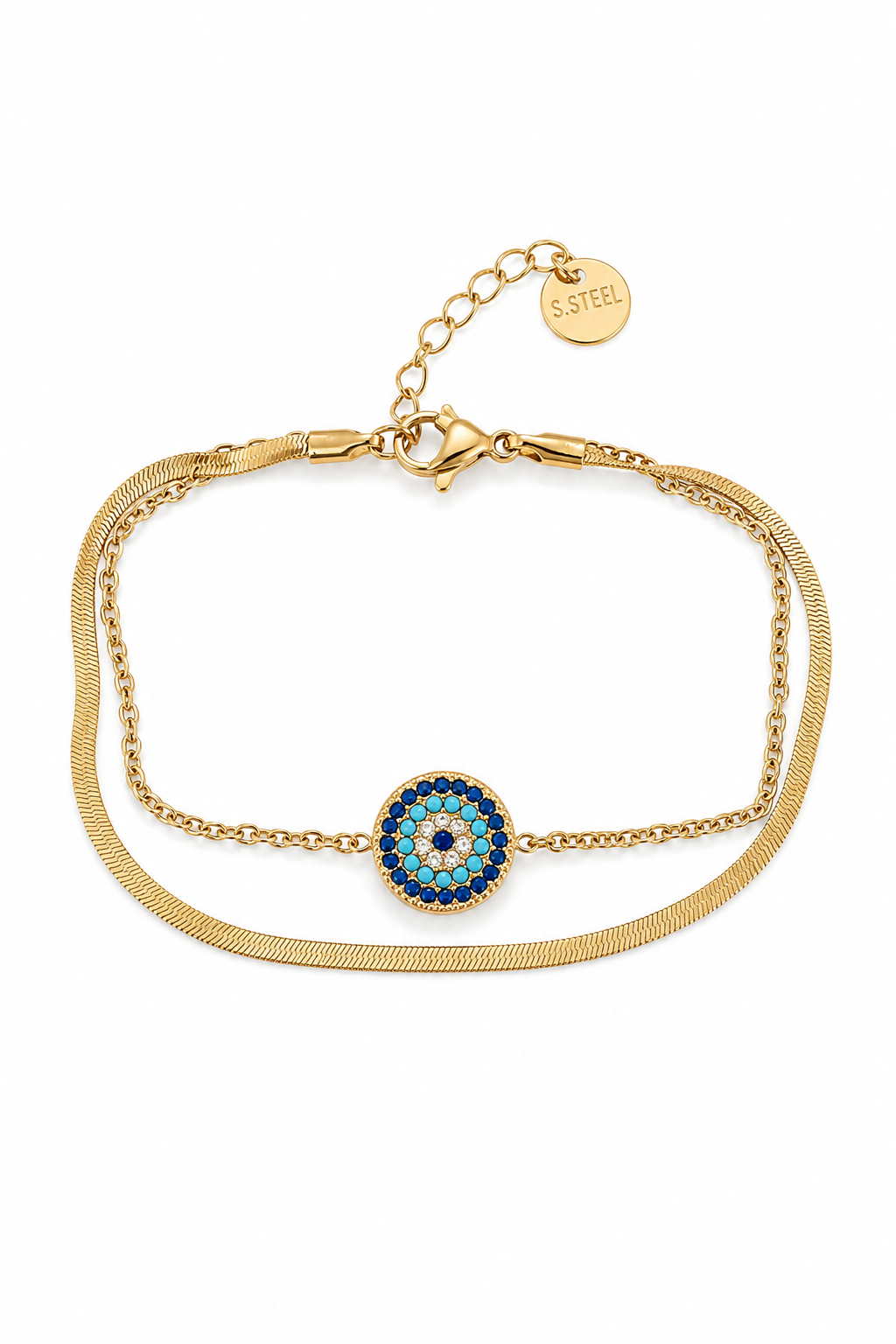 Double Layer Eterna Bracelet ατσάλινο διπλό βραχιόλι με μάτι και ζιργκόν σε χρυσό | So Cute by Dimi