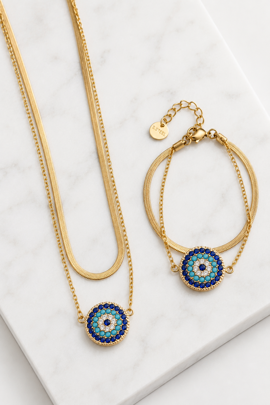 Double Layer Eterna Bracelet ατσάλινο διπλό βραχιόλι με μάτι και ζιργκόν σε χρυσό | So Cute by Dimi