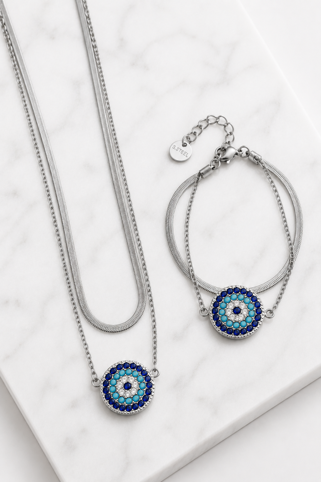 Double Layer Eterna Bracelet ατσάλινο διπλό βραχιόλι με μάτι και ζιργκόν σε χρυσό | So Cute by Dimi