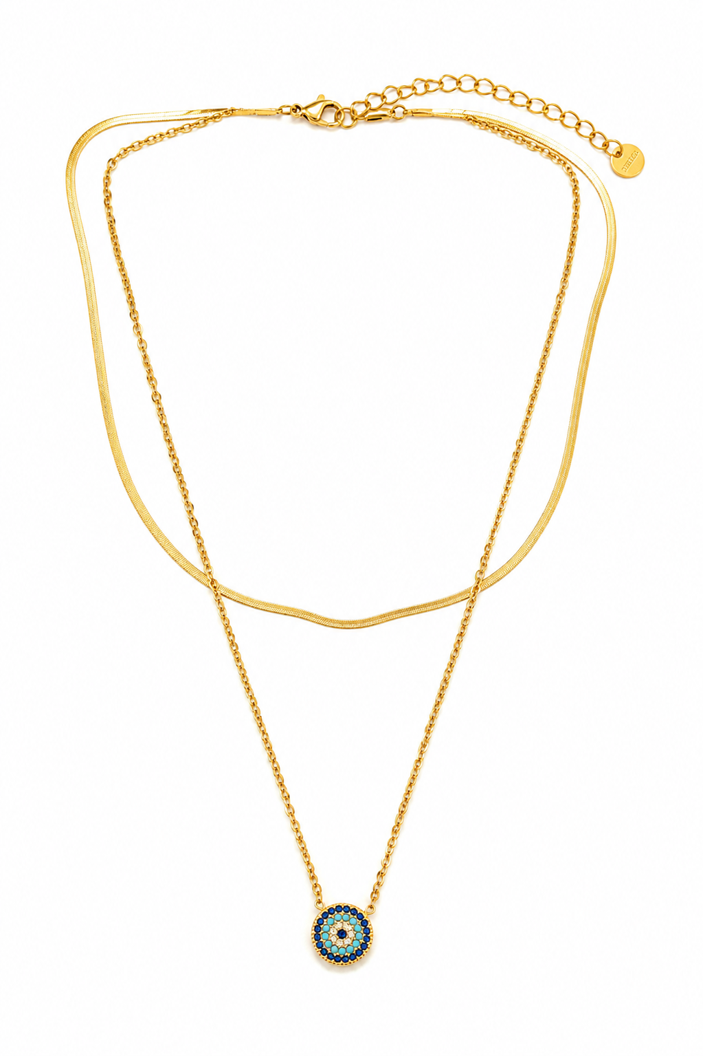 Double Layer Eterna Eye Necklace της So Cute by Dimi, διπλό ατσάλινο κολιέ με snake αλυσίδα και μοτίφ μάτι 10 mm με ζιργκόν σε χρυσό .
