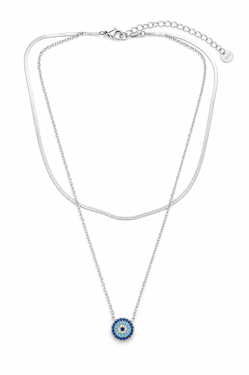 Double Layer Eterna Eye Necklace της So Cute by Dimi, διπλό ατσάλινο κολιέ με snake αλυσίδα και μοτίφ μάτι 10 mm με ζιργκόν σε ασημί.