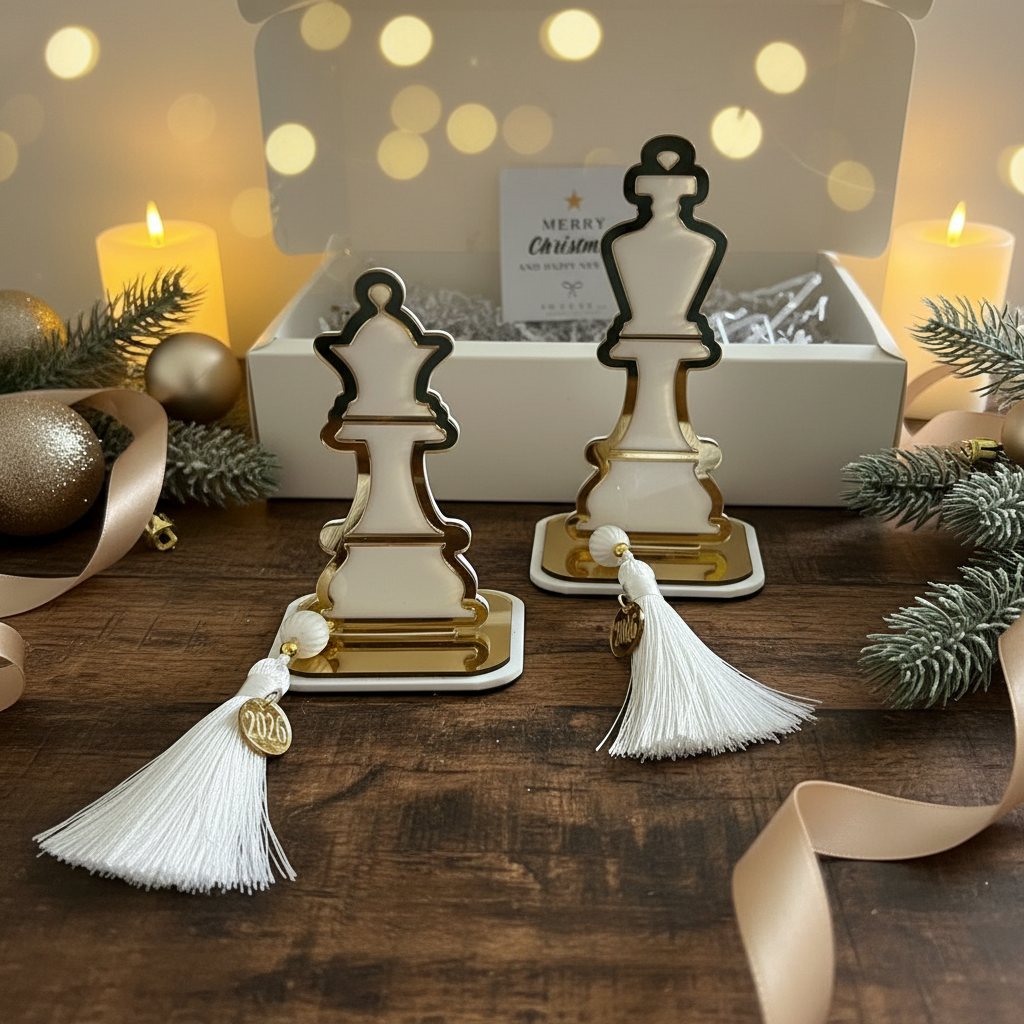Luxury gift set με γούρια Βασιλιάς και Βασίλισσα σκακιού σε λευκό-χρυσό μέσα σε πολυτελές κουτί · So Cute by Dimi