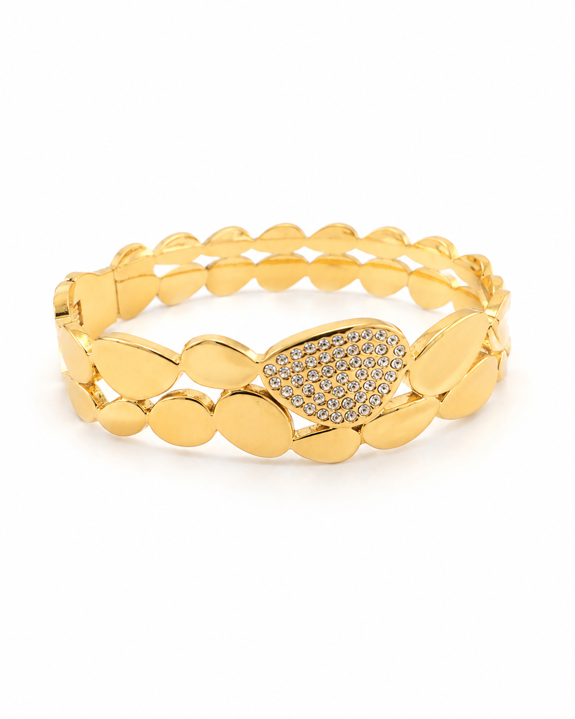 Ατσάλινο bangle βραχιόλι Electra Shine με oval μεταλλικά στοιχεία και λαμπερό μοτίφ ζιργκόν σε χρυσό χρώμα σε λευκό φόντο.