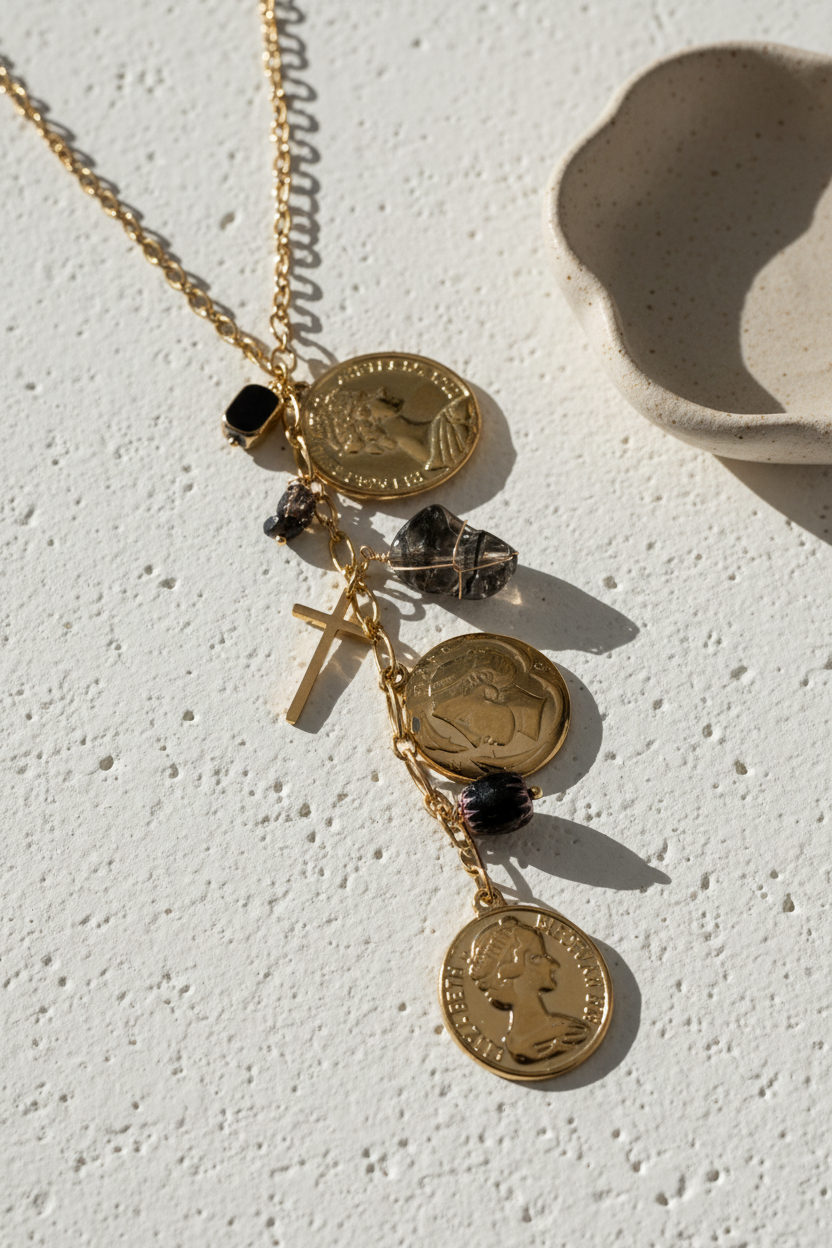Élira Coin Y Necklace κοντινό στα coin charms και λεπτομέρειες αλυσίδας