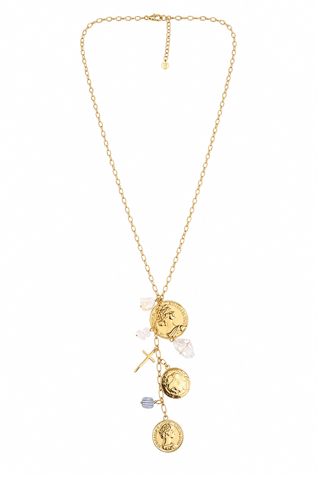 Élira Coin Y Necklace λευκό χρυσό μακρύ κολιέ σε studio φωτογραφία