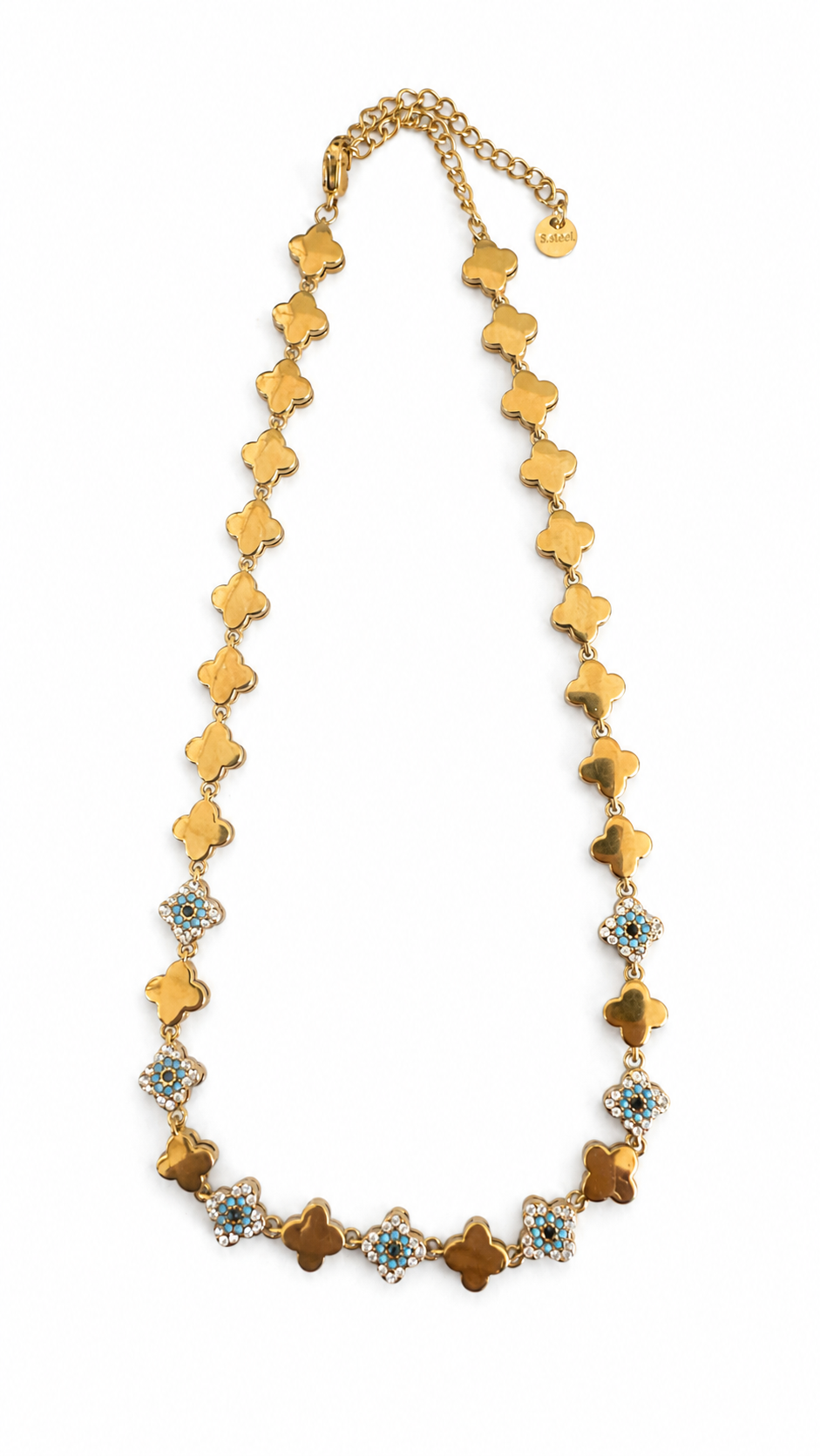 Elysian Clover choker κολιέ από ανοξείδωτο ατσάλι με τετράφυλλα μοτίβα, λευκά και τυρκουάζ ζιργκόν, κοντό stainless steel necklace 32+8cm.