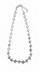 Elysian Clover choker κολιέ από ανοξείδωτο ατσάλι με τετράφυλλα μοτίβα, λευκά και τυρκουάζ ζιργκόν, κοντό stainless steel necklace 32+8cm.