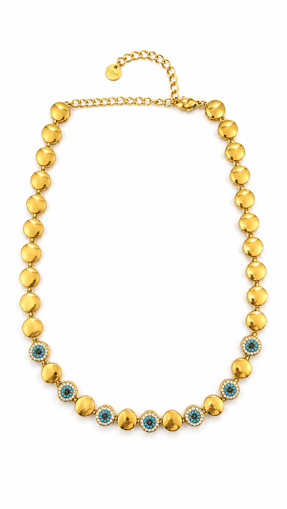 Elysian Mati choker necklace από ανοξείδωτο ατσάλι με στοιχεία ματιού, λευκά και τυρκουάζ ζιργκόν, evil eye stainless steel necklace 32+8cm.
