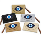 Καλοκαιρινά woven clutch bags με σχέδιο μάτι σε μπεζ, μαύρο, χρυσό, ασημί και εκρού χρώμα σε λευκό φόντο – So Cute by Dimi