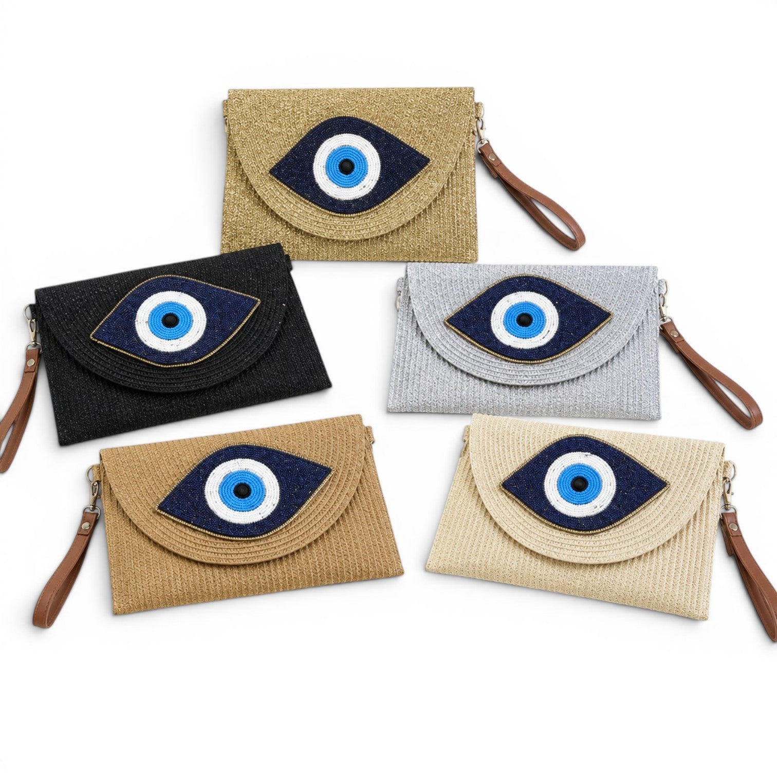 Καλοκαιρινά woven clutch bags με σχέδιο μάτι σε μπεζ, μαύρο, χρυσό, ασημί και εκρού χρώμα σε λευκό φόντο – So Cute by Dimi