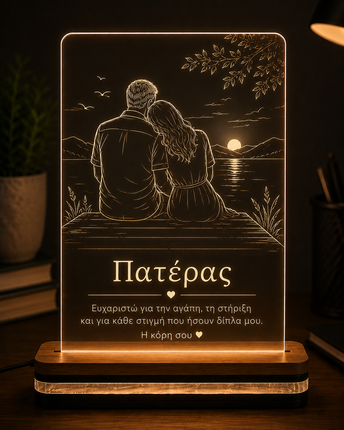 LED φωτιστικό Πατέρας & Κόρη από διάφανο plexiglass με χάραξη laser και δυνατότητα προσωποποίησης από τη So Cute By Dimi.