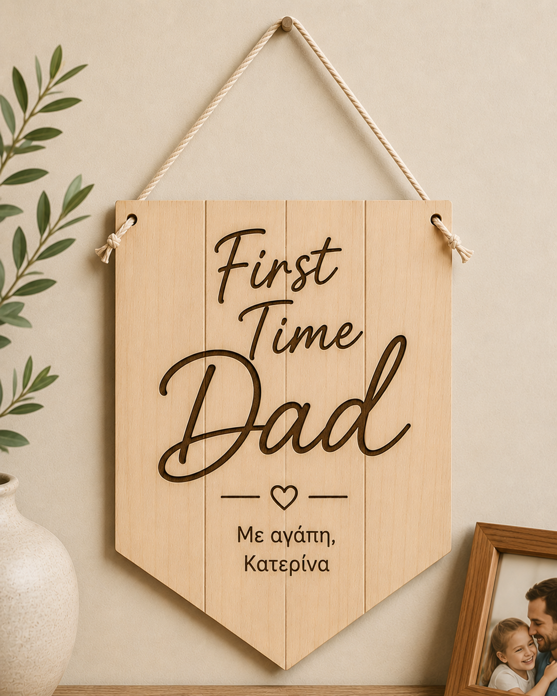 Προσωποποιημένο ξύλινο διακοσμητικό First Time Dad με χάραξη laser για νέο μπαμπά από τη So Cute By Dimi.