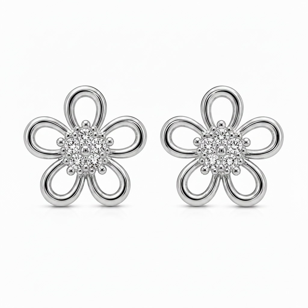Pair of silver flower-shaped earrings with clear gemstones on a white background