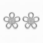 Pair of silver flower-shaped earrings with clear gemstones on a white background