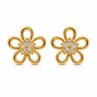Gold flower-shaped earrings with diamond centers on a white background