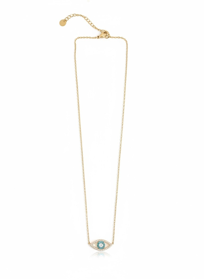 Gold necklace with a zircon evil-eye pendant on a white background