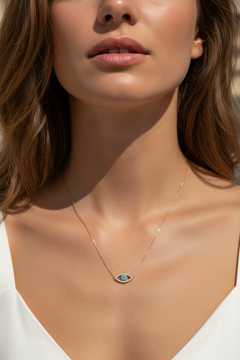 Close-up of a woman wearing a gold necklace with an eye pendant.