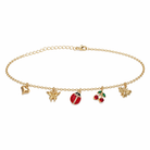 Gold anklet with colorful charm beads on a white background