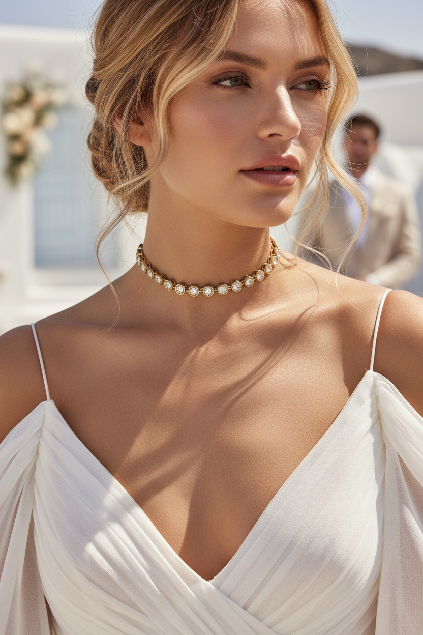 Celeste choker, Ατσάλινο βραδυνό τσόκερ με στρογγυλά ζιργκόν, σε χρυσό, φορεμένο σε νύφη, so cute by dimi