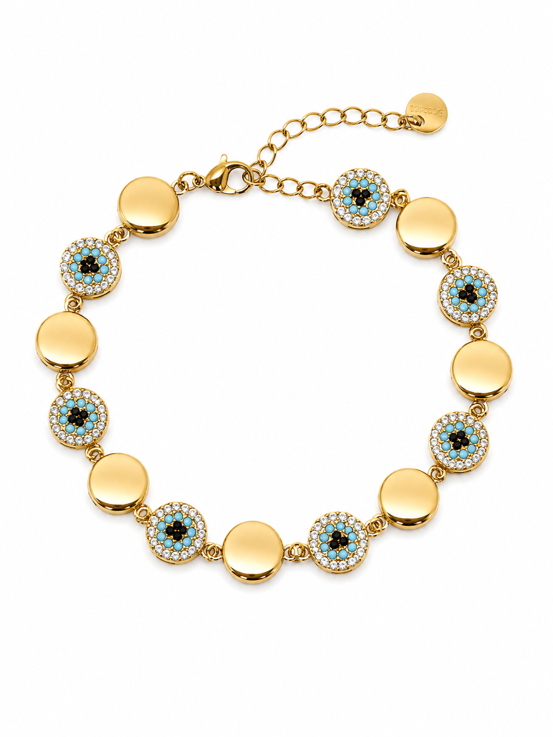 Ατσάλινο χρυσό βραχιόλι με evil eye στοιχεία και zircon λεπτομέρειες σε λευκό φόντο by So Cute by Dimi