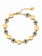 Ατσάλινο χρυσό βραχιόλι με evil eye στοιχεία και zircon λεπτομέρειες σε λευκό φόντο by So Cute by Dimi