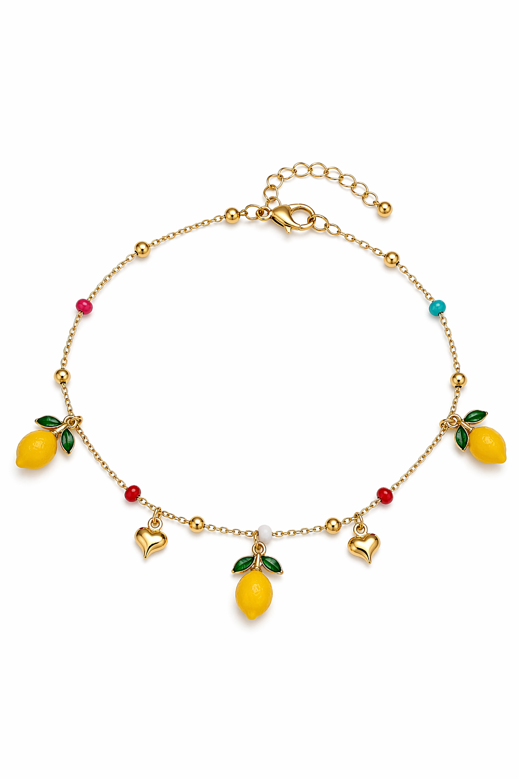 Gold stainless steel anklet with lemon charms on a white background, so cute by dimi