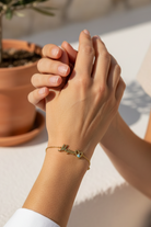 Close-up of a hand wearing a bracelet with a potted plant in the background